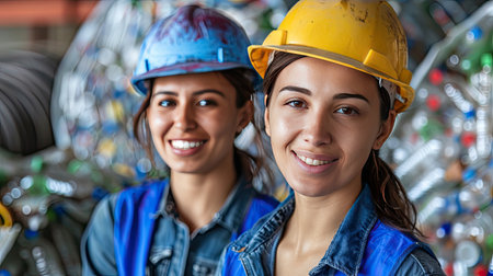 Portrait of two smiling factory workers are in recycling plant for sorting deposit and plastic bottles background. AI Generated.の素材