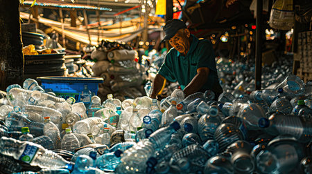 Worker in recycling plant for sorting deposit and plastic bottles background. AI Generated.の素材