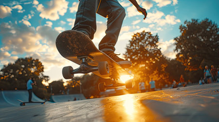 Male player play extreme Sport skateboard , Sky Runner close up view. AI Generated.の素材
