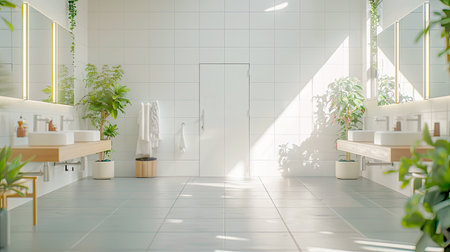 Public toilet, restroom, lavatory doors, baby changing table , bath shower . AI Generated.の素材