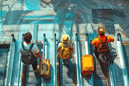 Group of young people standing in escalator in the airport, travel concept , AI Generated.の素材