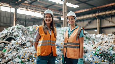 Portrait of two smiling factory workers are in recycling plant for sorting deposit and plastic bottles background. AI Generated.の素材