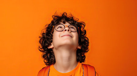 Young boy against a vibrant yellow background. His expression is one of eager anticipation and joy. - AI Generated.の素材