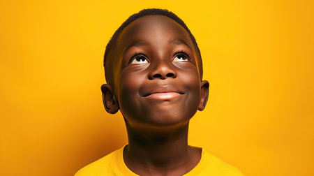 Young boy against a vibrant yellow background. His expression is one of eager anticipation and joy. - AI Generated.の素材