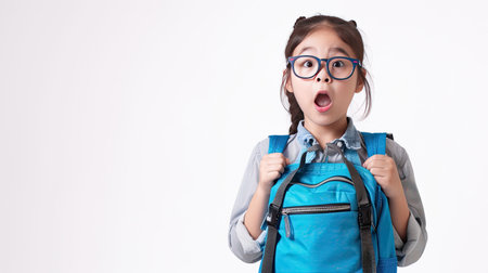 Young asian girl round glasses in excitement to go to school , she wearing a blue backpack, against white background. her expression is one of eager anticipation and joy. AI Generated .の素材