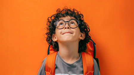 Young boy against a vibrant yellow background. His expression is one of eager anticipation and joy. - AI Generated.の素材