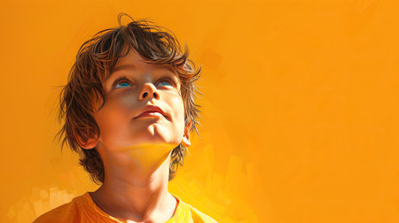 Young boy against a vibrant yellow background. His expression is one of eager anticipation and joy. - AI Generated.の素材