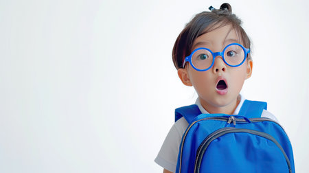 Young asian girl round glasses in excitement to go to school , she wearing a blue backpack, against white background. her expression is one of eager anticipation and joy. AI Generated .の素材