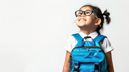Young asian girl round glasses in excitement to go to school , she wearing a blue backpack, against white background. her expression is one of eager anticipation and joy. AI Generated .の素材