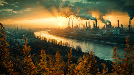 Industry pipeline transport petrochemical, gas and oil processing, furnace factory line, rack of heat chemical manufacturing, equipment steel pipes plant in daytime with Generative AI.の素材