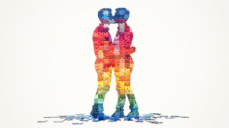 Jigsaw puzzle pictures of couple kissing . LGBTQ in Front of Colorful Background. Isolated white background, AI Generated.の素材