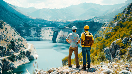 Back view of two engineers wearing white engineer hat discussing on a tablet, standing on the water dam, AI Generated.の素材