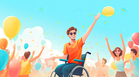 Happy life of a group with a disability person, watercolor style, AI Generated.の素材