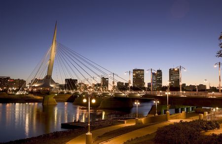 evening photo of Esplanade Reil bridge and downtown Winnipegのeditorial素材