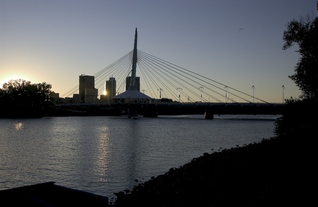 Esplanade Reil Bridge at dusk , Winnipeg, Manitoba,のeditorial素材