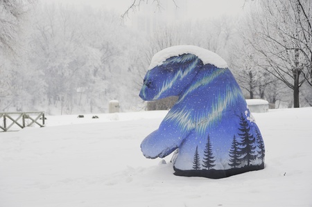 polar bear statues in Winnipeg winter, Manitobaの写真素材