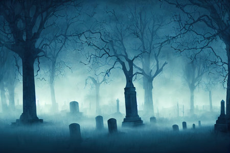Blue Halloween Banner with Cemetery in a Thick Mist. Spooky Night Scene with Trees and Tombstones.の素材