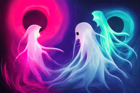 Cute Ghost Card Aesthetic Neon Pink Blue Purple Handmade painting white backgroundの素材