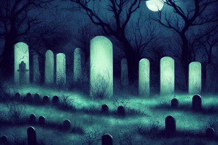 Creepy Churchyard at Night. Pale Blue Halloween Background with Tombstones and Trees.の素材