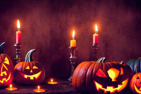 Halloween Jack O Lanterns with Candles, in a Youthful Medieval Room at Night. Halloween background with copy space.の素材