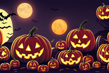Fun Halloween Scene with Moonlit Books, Potions and Jack O Lanterns. Halloween background with copy space.の素材