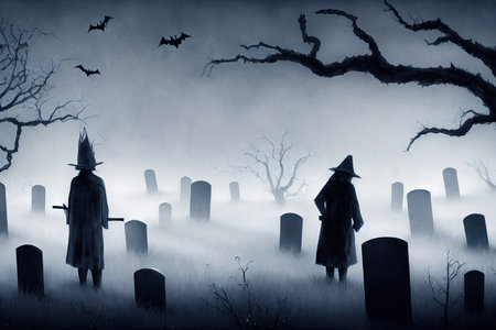 Halloween Background with Cemetery. Creepy scene with Gravestones and Trees enveloped in Pale Blue Fog.の素材