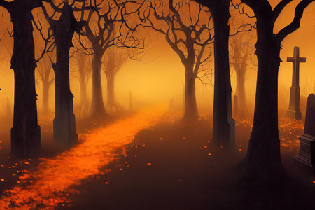 Halloween Banner with Churchyard. Atmospheric scene with Tombstones and Trees enveloped in Orange Mist.の素材