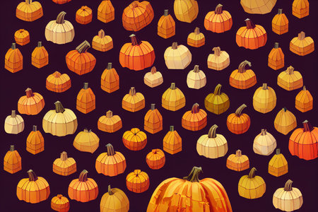 Pumpkin Decorations in Low Polygon Medieval Room. Halloween background with copy space.の素材