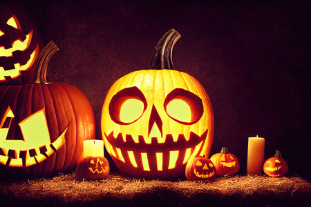 Illuminated Pumpkin, Skull and Candles on a Wood Tabletop in a Atmospheric Graveyard. Halloween Banner.の素材