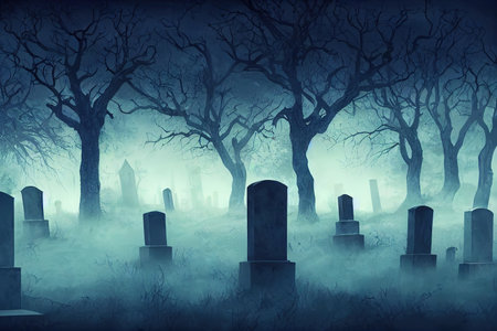 Blue Halloween banner with cemetery in a thick mistの素材