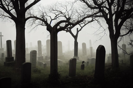 Trees and Gravestones Silhouetted in a Thick Pale Mist. Night scene in Creepy Cemetery. Halloween Concept.の素材