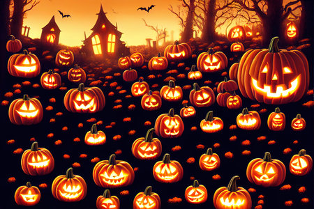 Halloween Scene with Eerie Graveyard Gate and Jack O Lanterns.の素材