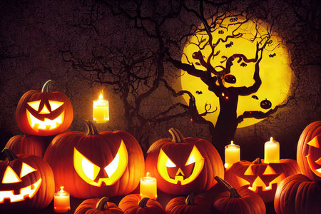 Youthful Halloween Courtyard Scene with Jack O Lanterns, Tree and Candles. Halloween background with copy space.の素材