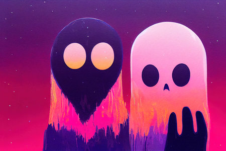 Cute Ghost Card Aesthetic Neon Pink Orange Purple Handmade painting black backgroundの素材