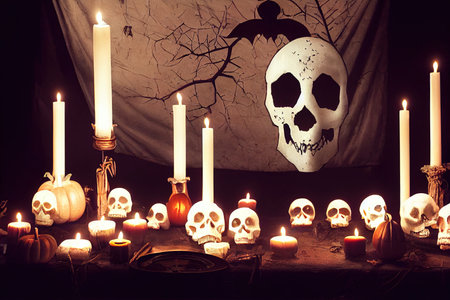 Spooky Banner with Skull and Candles. Halloween Churchyard Tabletop.の素材