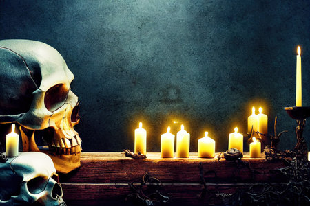 Skull and Candles on a Wood Tabletop in a Eerie Graveyard. Halloween Background.の素材