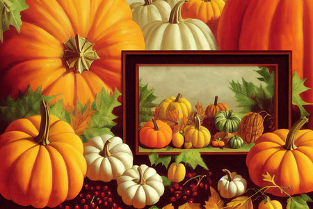 Thanksgiving frame with Pumpkins, Acorns, Autumns leaves and Fruits.の素材