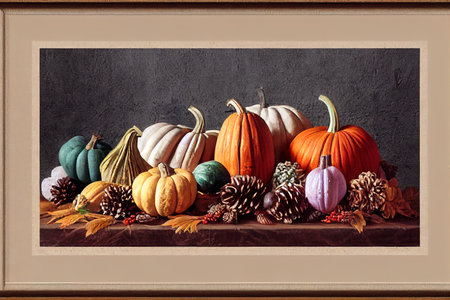 Thanksgiving frame with Gourds, Pine cones, Autumns leaves and Fruits.の素材