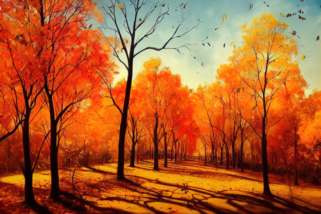 Autumn golden forest at sunset covered with leavesの素材