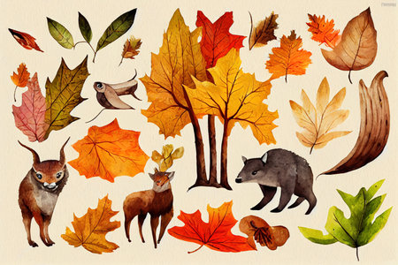 Forest animals and autumn nature elements hand drawn by watercolor. Forest objects, wild animals. Isolated on a white background. Fall design in cartoon styleの素材