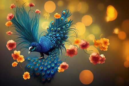 peacock flowers and wings 3d illustrationの素材