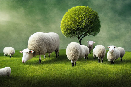 Young white sheep eating green grass on the field with big tree. Grey Background. Eid Adha Conceptの素材