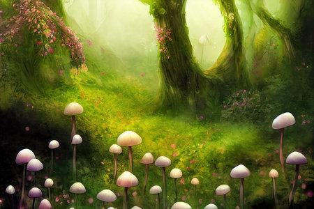 A fantasy chanterelle with flowers and a beautiful magical fairy tale enchanted forest. Artistic abstract beautiful nature. Perfect for phone wallpaper or for posters.の素材