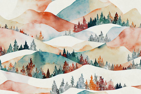 Watercolor seamless pattern with spring winter nature landscape in abstract style. Abstract art background print. Texture paper. seamless pattern. Contemporary art.の素材
