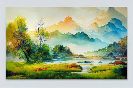 Watercolor and oil painting nature landscape, famous travel and touristic place, outdoor vacation trend print for poster, paper, textile or canvas. Modern fine arts design wallpaper. Wall art drawingの素材