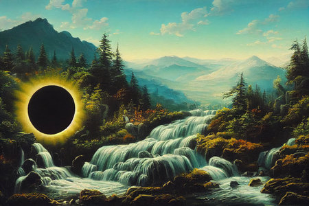 Mountain summer landscape with a waterfall. oil paintingの素材