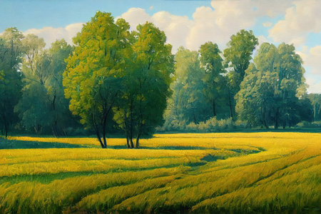 stream near ripe wheat field and trees on a sunny summer day, oil painting, fine art, sky, green, yellow, tree, nature, landscapeの素材