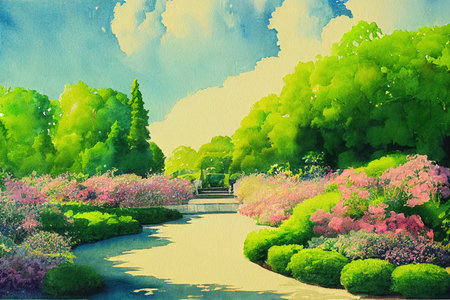 Painting of heaven garden,wedding setup watercolor treesの素材