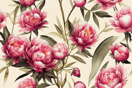 Watercolor seamless pattern with peony flowers. Perfect for wallpaper, fabric design, wrapping paper, surface textures, digital paper.の素材