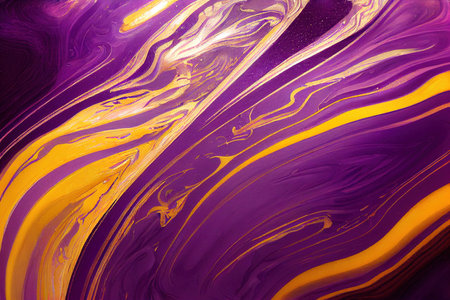 Luxury abstract painting in fluid art technique.Transparent layers of vivid lilac and gold paints create marbled texture of stripes, swirls and veins with glowing gold and glitter. Natural beautyの素材
